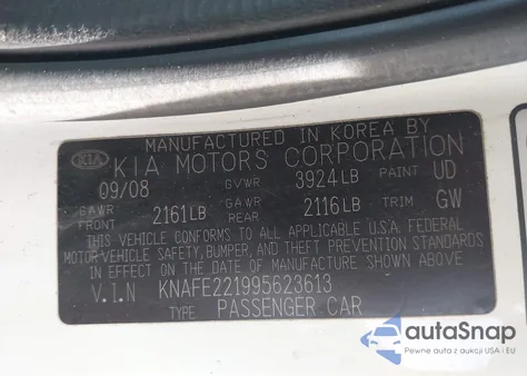 2009 Kia Spectra Lx z USA, uszkodzony, nr VIN KNAFE221995623613